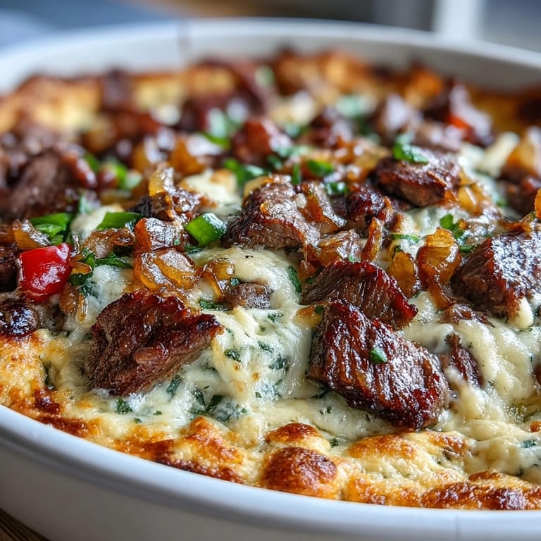 Creamy Philly Cheesesteak Dip topped with extra cheese, paired with sturdy tortilla chips for scooping.