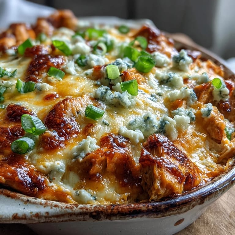 A warm bowl of Buffalo Chicken Dip paired with celery sticks and blue cheese crumbles, perfect for game day snacking.