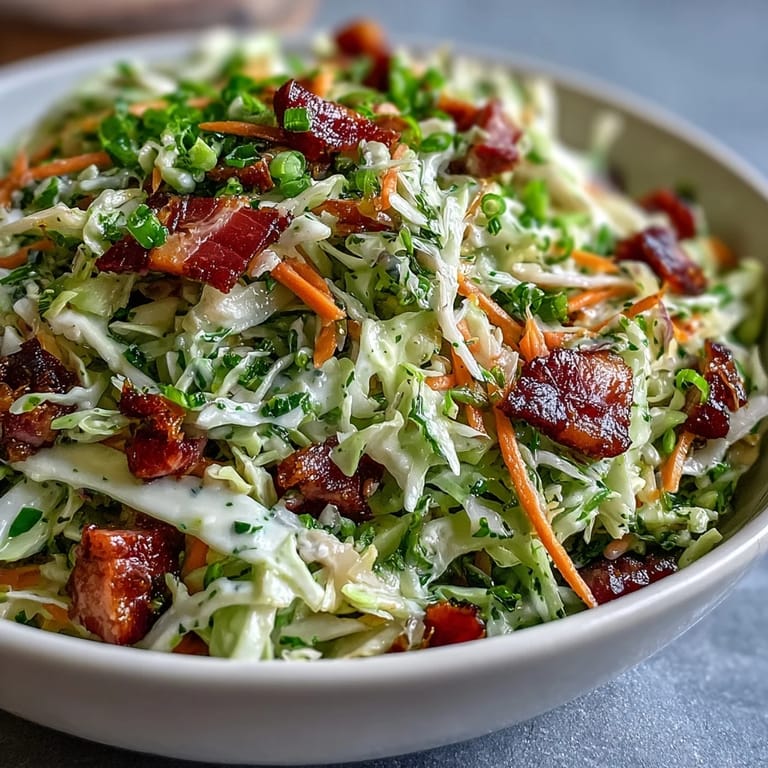 Vibrant orange grated carrots and red onion slices add crunch to the hearty German cabbage coleslaw with shredded ham.