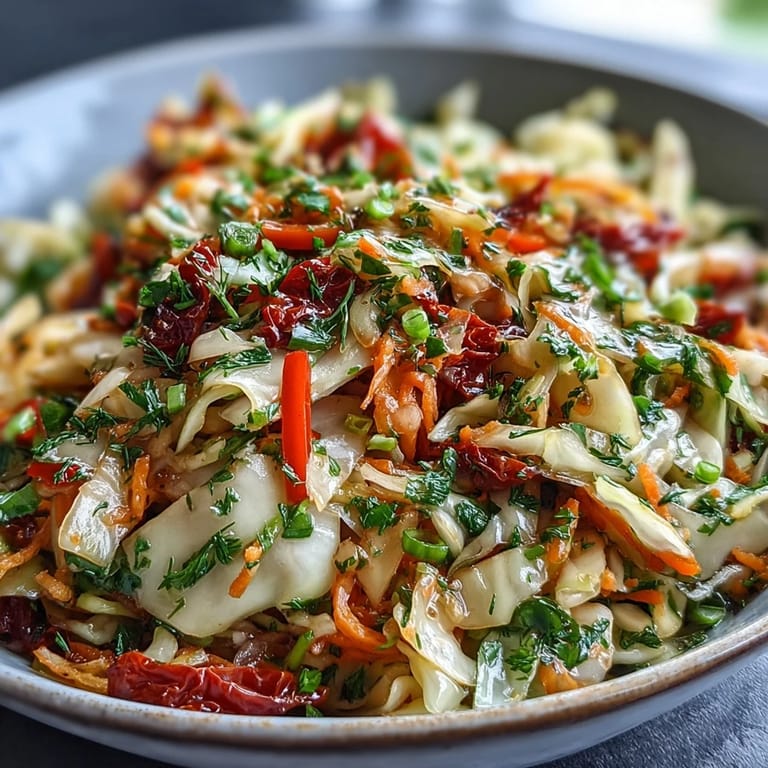 Freshly tossed cabbage salad with sun-dried tomatoes and crisp veggies, perfect as a light vegetarian lunch.