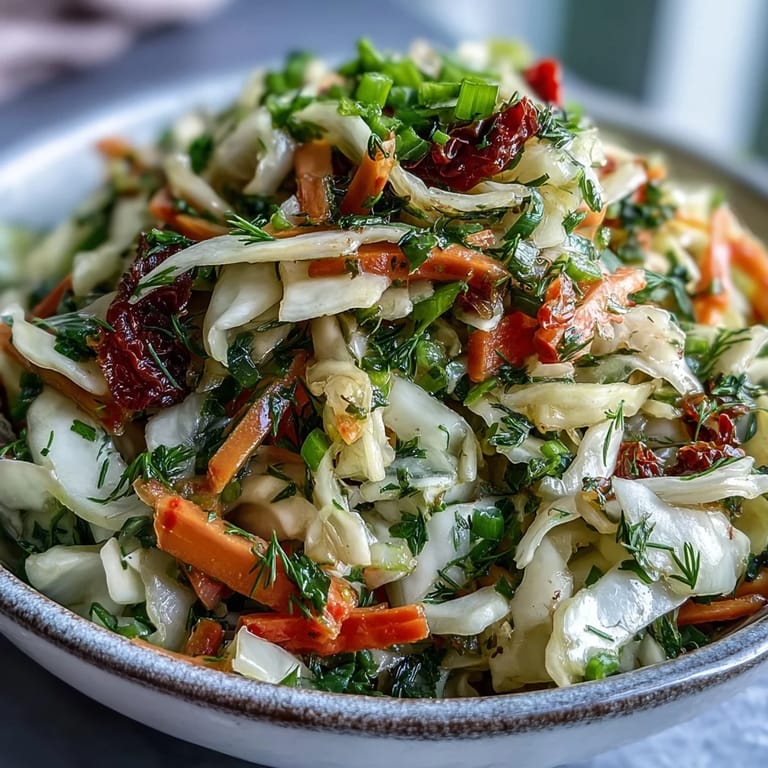 Hearty cabbage salad with sun-dried tomatoes, drizzled with a fragrant dressing and garnished with fresh herbs.