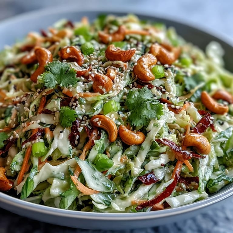 Freshly tossed Asian Cabbage Salad topped with roasted cashews, sesame seeds, and sliced green onions on a rustic plate.