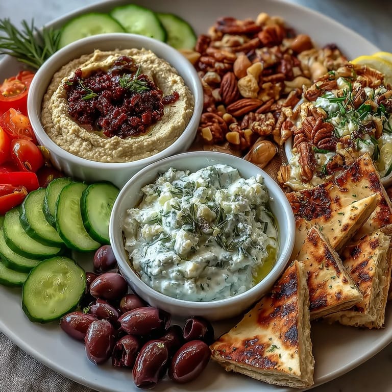 Close-up of a Mediterranean Brunch Board with Dips and Flatbreads, showing colorful olives, crumbled feta, and fresh cucumber slices ready to share.