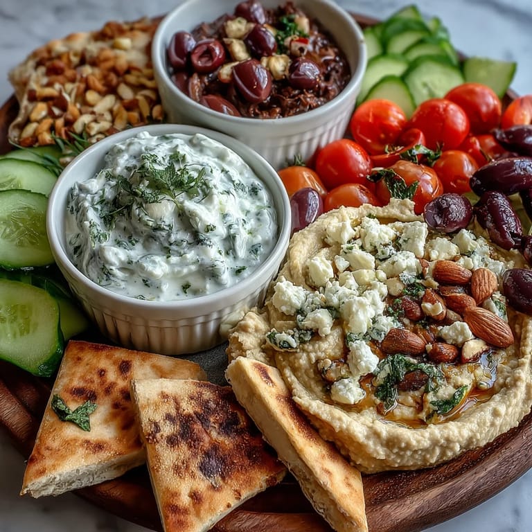 Overhead view of a Mediterranean Brunch Board with Dips and Flatbreads arranged with crisp veggies, mixed nuts, and warm pita triangles for dipping.