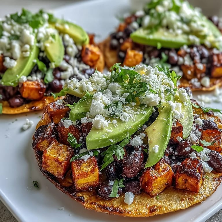Freshly assembled Black Bean and Sweet Potato Tostadas with avocado, feta, and a drizzle of hot sauce.