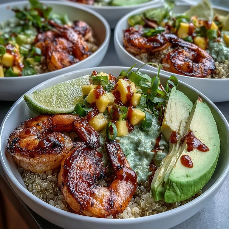 Smoky shrimp, creamy avocado, and bright mango salsa in a bowl with zesty lime chili sauce.