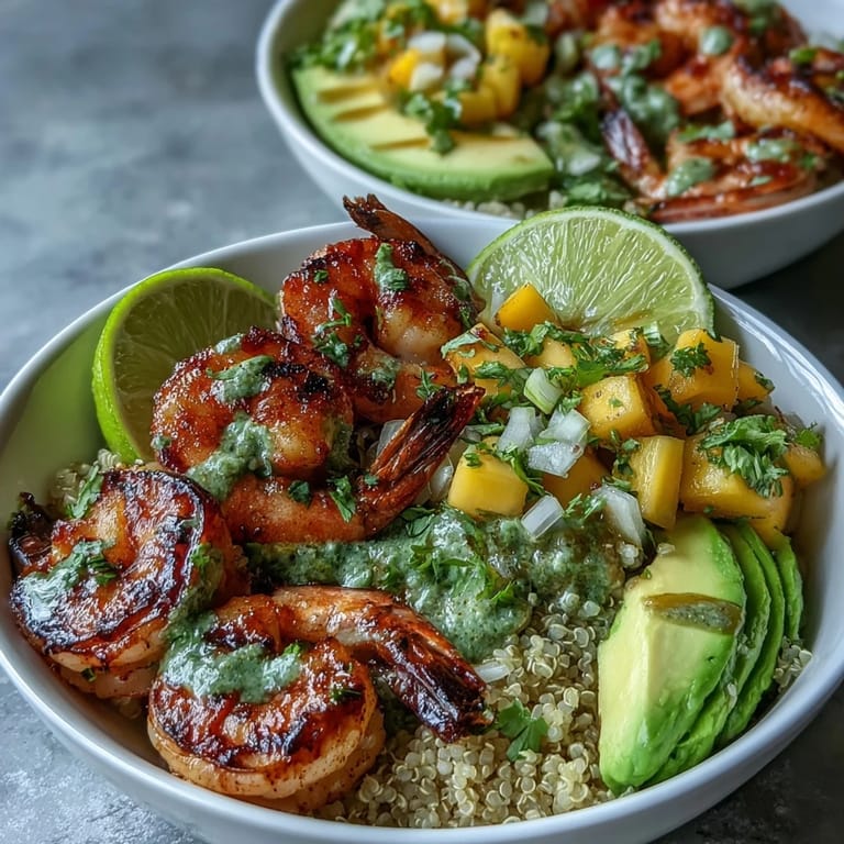 Tangy lime chili sauce drizzles over grilled shrimp, avocado, and quinoa with fresh mango salsa.