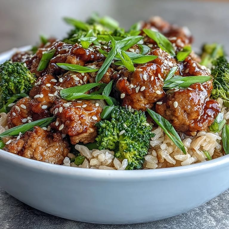 A close-up of Sweet and Spicy Turkey Broccoli Bowls, glistening with sweet-spicy glaze, topped with green onions and sesame seeds.