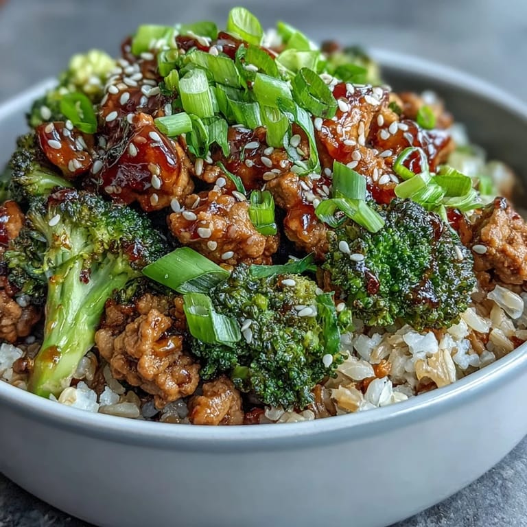 Sweet and Spicy Turkey Broccoli Bowls plated for dinner, featuring saucy turkey, fluffy rice, and bright green broccoli florets.