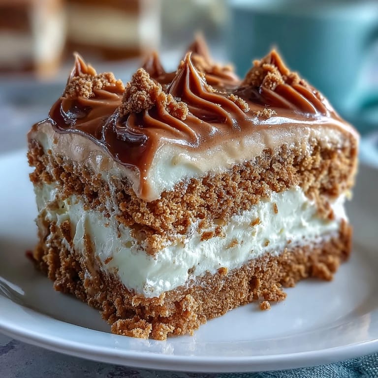 Slice of Decadent Baked Biscoff Cake with Creamy Lotus Frosting, drizzled with extra spread and crumbs, beside a steaming coffee mug.