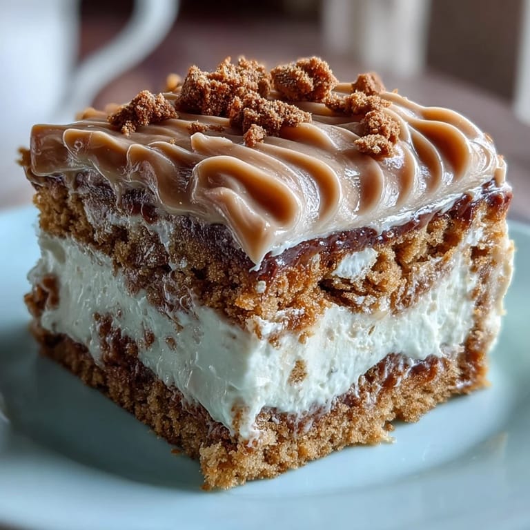 Overhead view of a frosted Decadent Baked Biscoff Cake with Creamy Lotus Frosting, topped with crunchy Biscoff pieces and a caramel swirl.