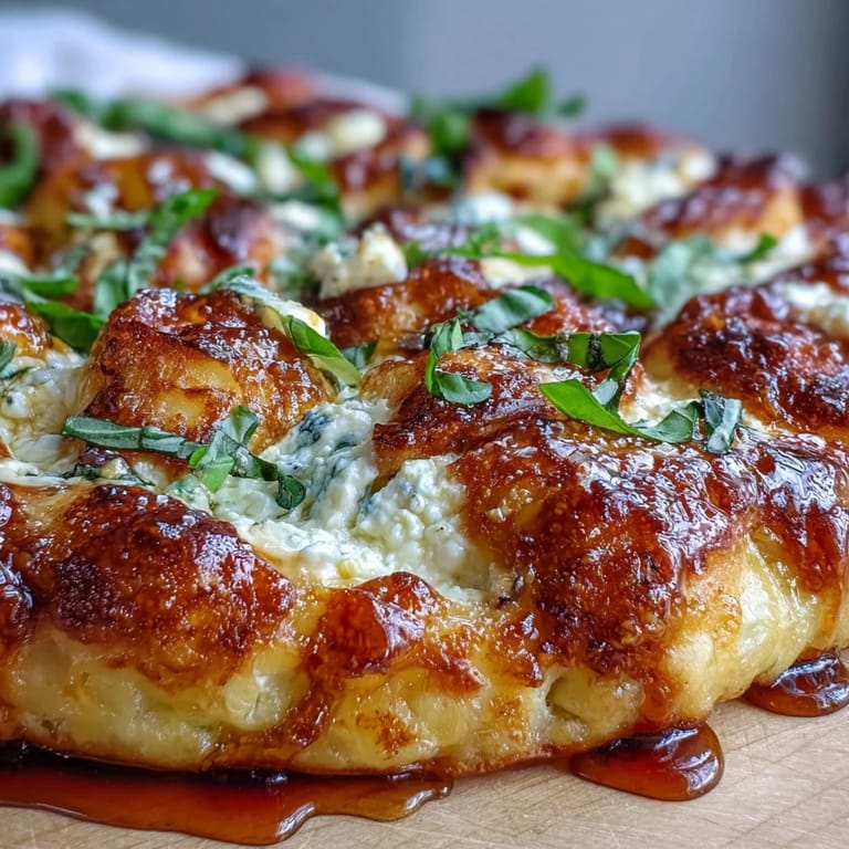 Freshly baked Hot Honey Ricotta Pizza on a wooden board, garnished with basil and a glossy hot honey drizzle.