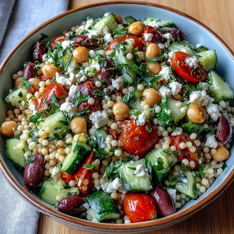 Mediterranean Pearl Couscous served in a bowl, garnished with chopped parsley, ready for a bright lunch or picnic.