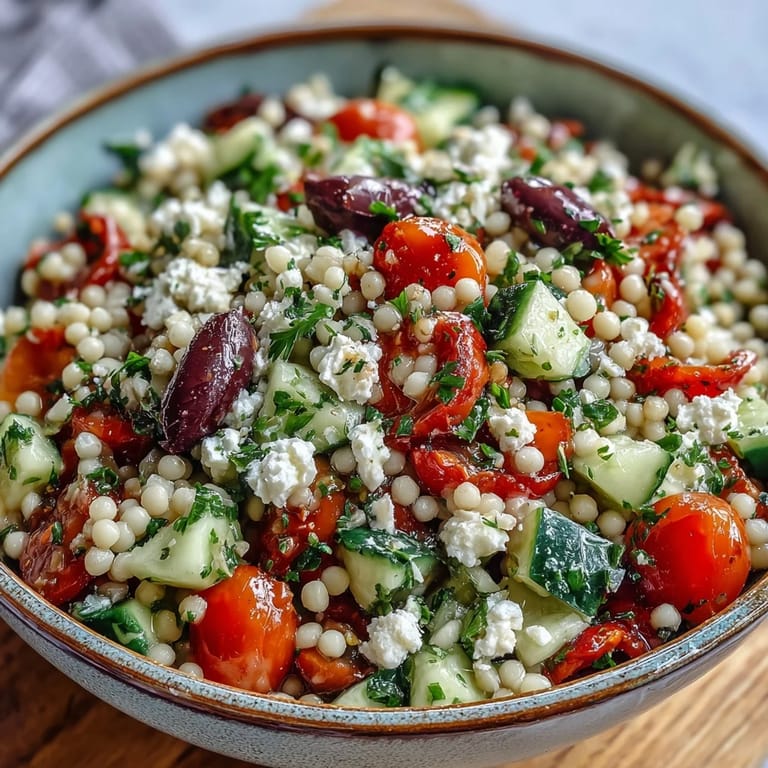 Freshly cooked pearl couscous cools on a baking sheet before being combined with crisp vegetables and crumbled feta cheese.