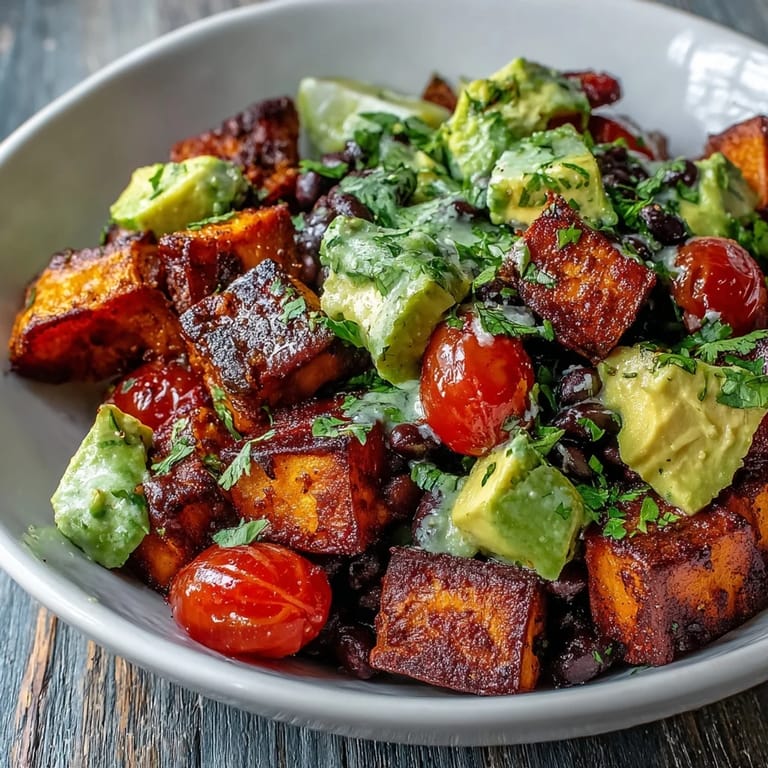 A close-up of the Sweet Potato and Black Bean Bowl shows golden roasted veggies, creamy avocado slices, and a drizzle of bright lime dressing.