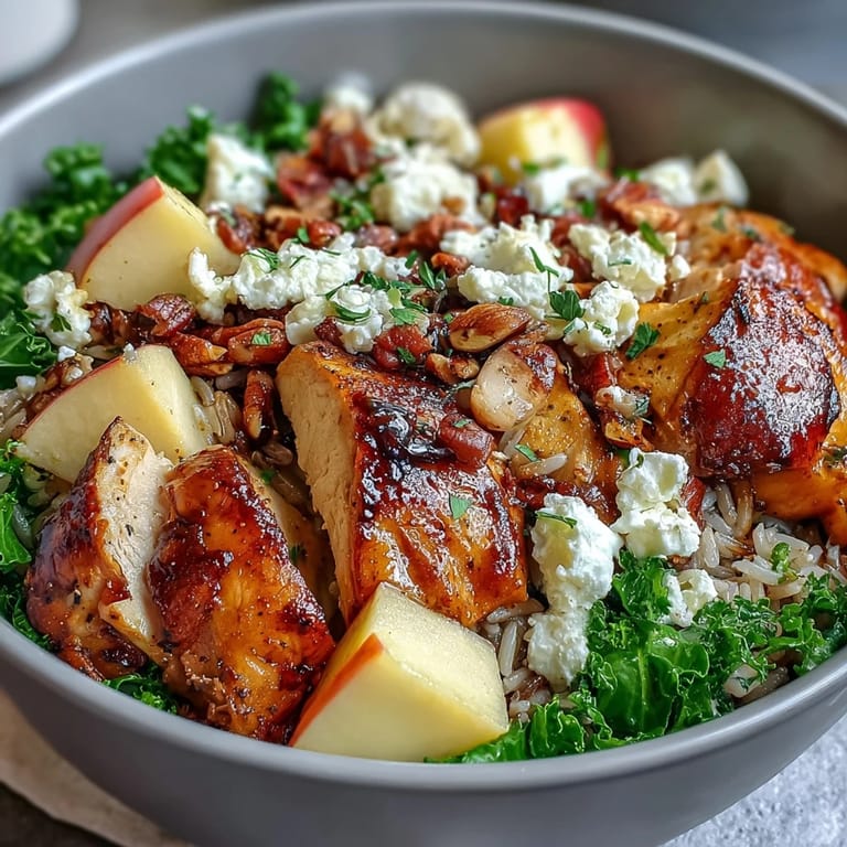 Golden roasted sweet potatoes and tender chicken rest over wild rice and kale in this colorful Harvest Bowl.