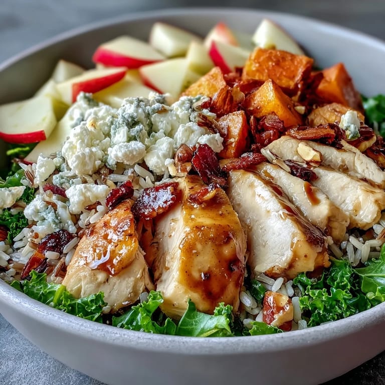 This gluten-free Harvest Bowl features crisp apples, crunchy almonds, creamy goat cheese, and a tangy balsamic drizzle.