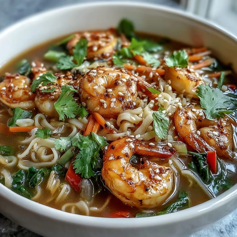 Top-down view of a colorful Asian Noodle Bowl with Shrimp and Scallops, garnished with fresh cilantro, toasted sesame seeds, and lime wedges alongside steaming rice noodles and bok choy.  