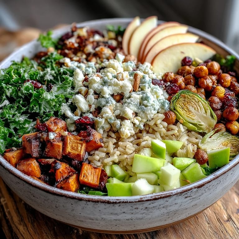 A hearty vegetarian Fall Harvest Bowl with wild rice, Brussels sprouts, and fresh apples drizzled with a tangy dressing.