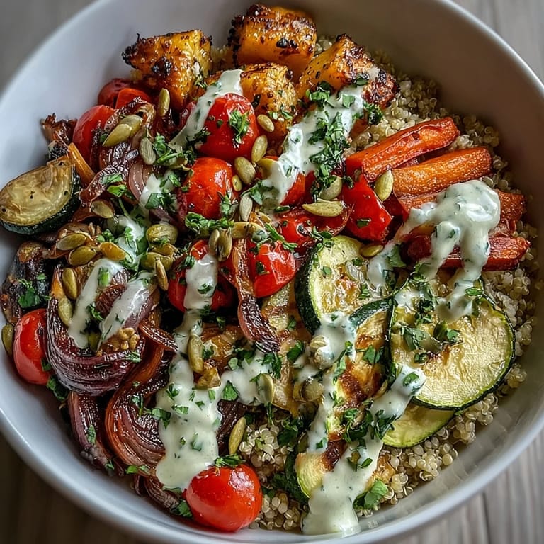 A vibrant Roasted Vegetable Quinoa Bowl featuring golden roasted tomatoes and onions on fluffy quinoa, topped with a drizzle of rich tahini sauce.