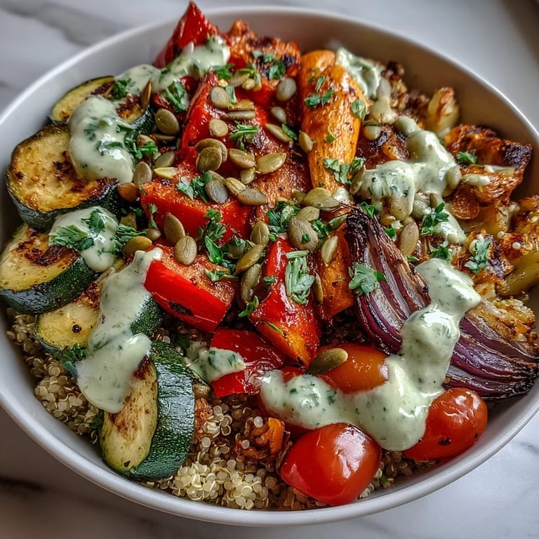 Hearty Roasted Vegetable Quinoa Bowl served warm with pumpkin seeds, showcasing a colorful medley of roasted vegetables and a savory lemon-tahini dressing.