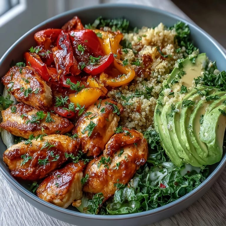 A close-up of the Paprika Roasted Vegetable Quinoa Bowl, highlighting colorful roasted veggies and fluffy quinoa topped with sliced avocado.