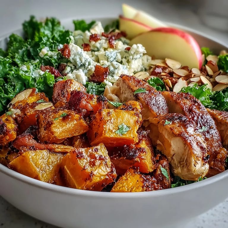 A hearty serving of the Fall Sweet Potato Harvest Bowl showcases tender sweet potatoes, kale, toasted almonds, and creamy goat cheese.