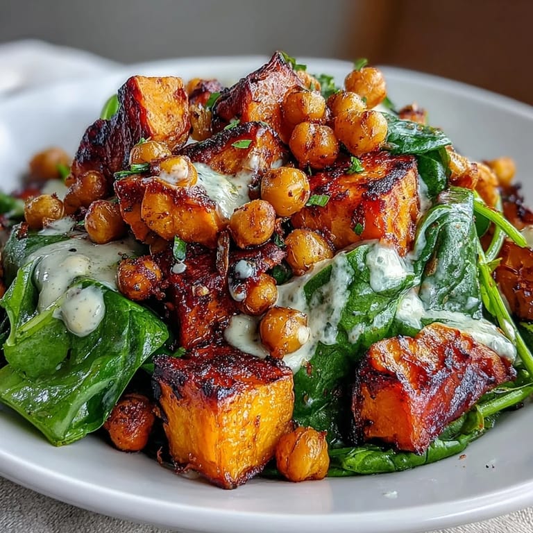 Colorful gluten-free roasted sweet potato and chickpea bowl features caramelized vegetables, garlicky spinach, and a drizzle of spicy chipotle tahini dressing.