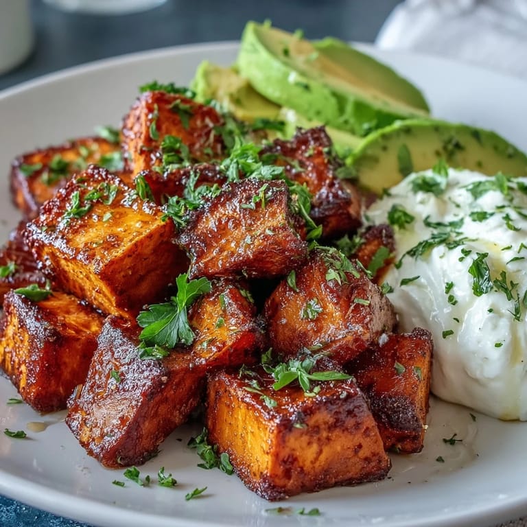 Crispy-edged sweet potatoes topped with sliced avocado, a scoop of cottage cheese, and a glossy hot honey drizzle.
