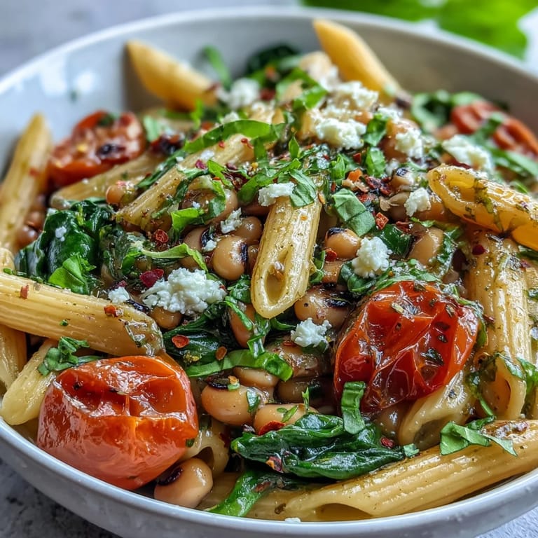 Savory Black-Eyed Pea Pasta topped with crumbled feta and fresh herbs, served steaming in a white ceramic bowl.