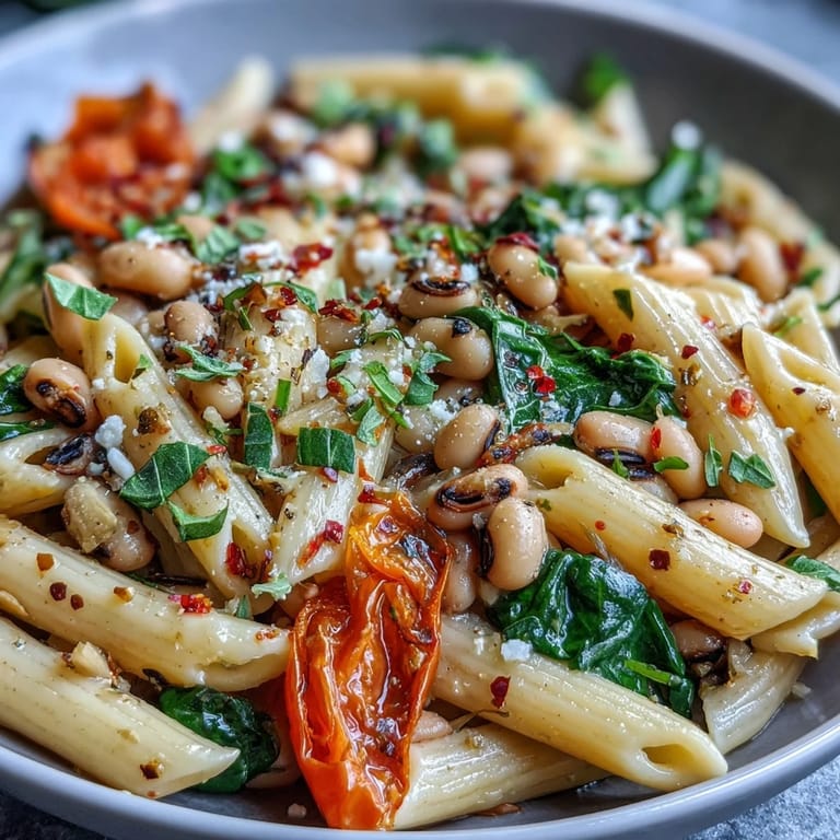Vibrant Mediterranean Black-Eyed Pea Pasta with tender legumes, red onions, and lemon zest, ready to eat on a wood table.