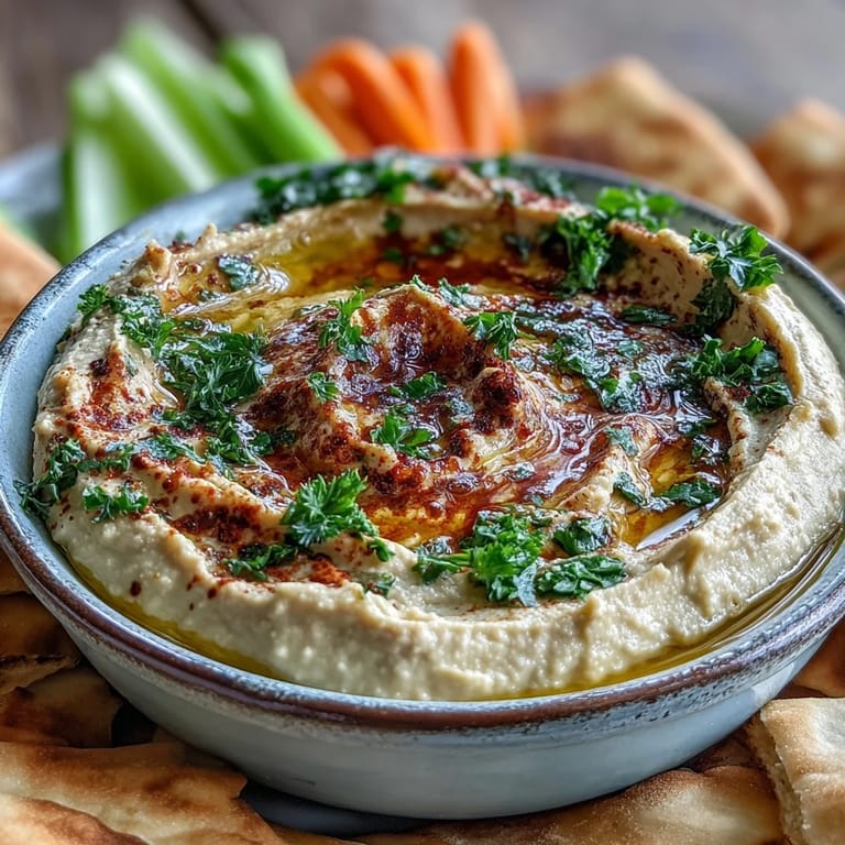 A vibrant bowl of Black-Eyed Pea Hummus garnished with fresh parsley, lemon, and spices on a rustic table.