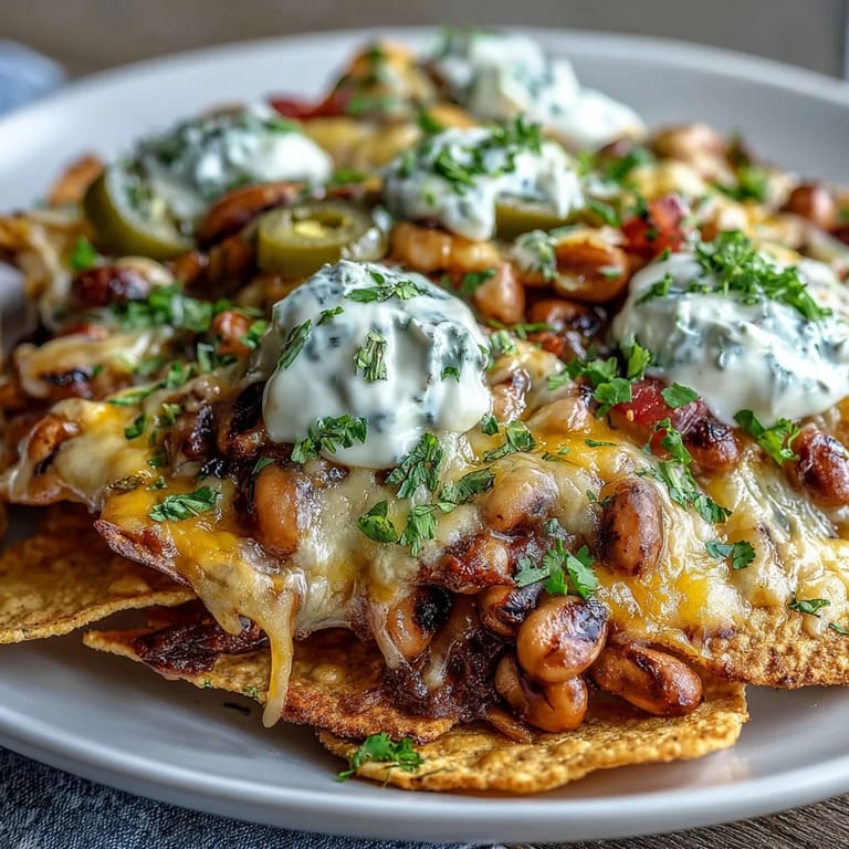 A Southern-inspired platter of Black-Eyed Pea Nachos served with diced avocado, green onions, and cilantro for a festive game day appetizer.