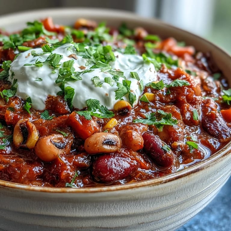 Spoon lifting a serving of Black-Eyed Pea Chili, revealing tender beans and vegetables, perfect with shredded cheese and a dash of hot sauce.