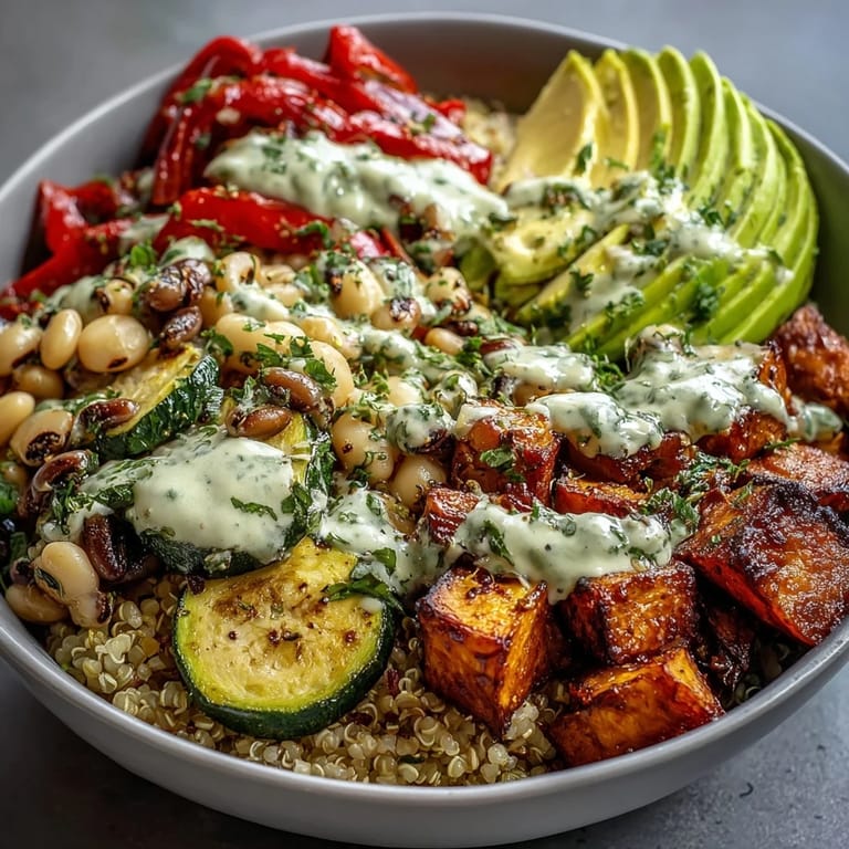 Healthy Black-Eyed Pea Buddha Bowl served with roasted zucchini, red onion, and fresh cilantro garnish, ready to enjoy for a plant-based meal.