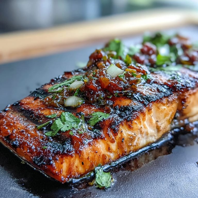 Delicious grilled salmon with sweet and tangy strawberry salsa, a colorful and nutritious meal idea.