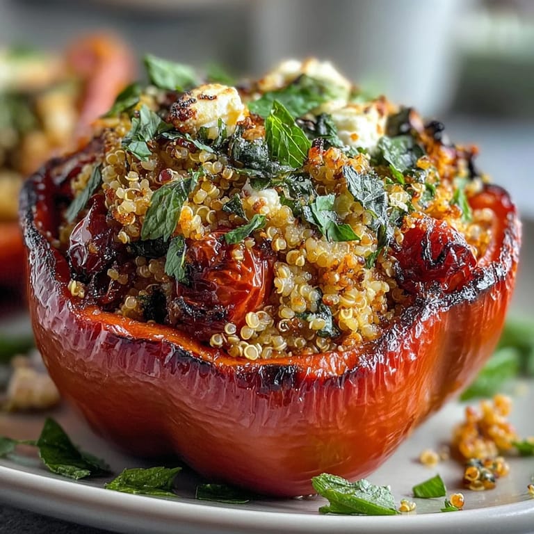 Colorful stuffed bell peppers bursting with quinoa, herbs, and vegetables, baked to tender perfection.