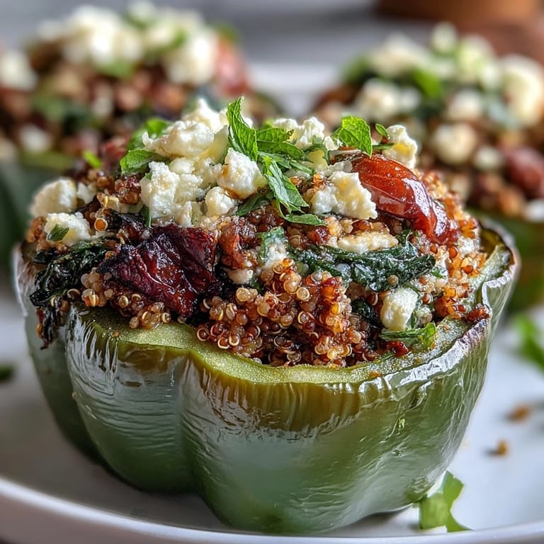 Wholesome bell peppers filled with savory quinoa, fresh herbs, and vegetables, perfect for a healthy dinner.  