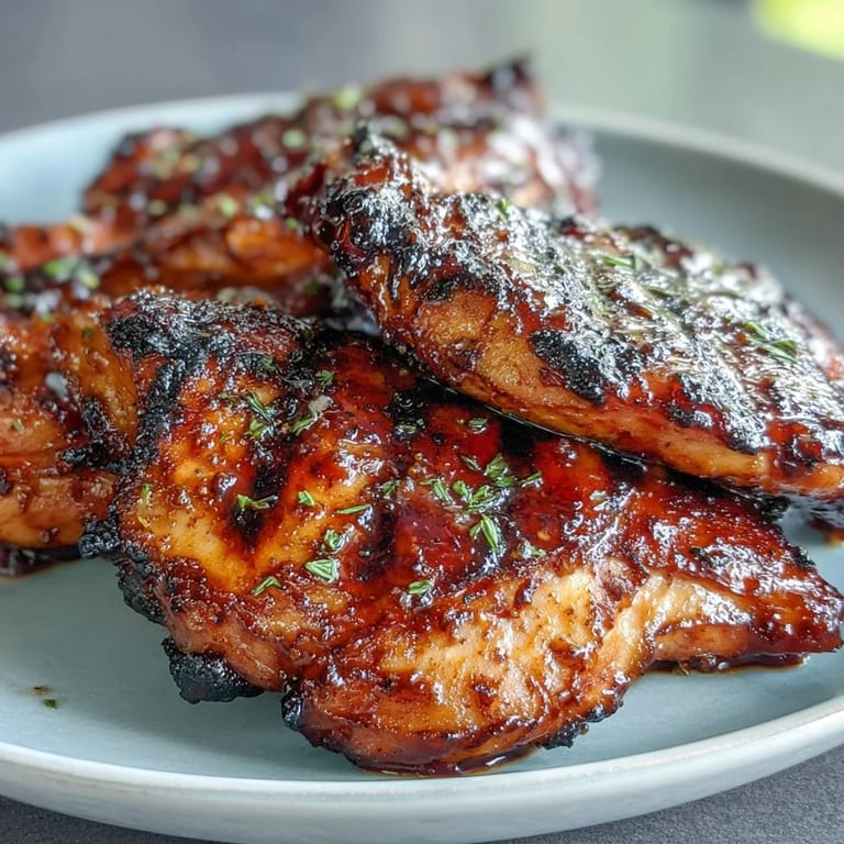 Sticky and savory Honey Garlic Grilled Chicken Thighs served with fresh parsley and lemon wedges for a vibrant summer meal.