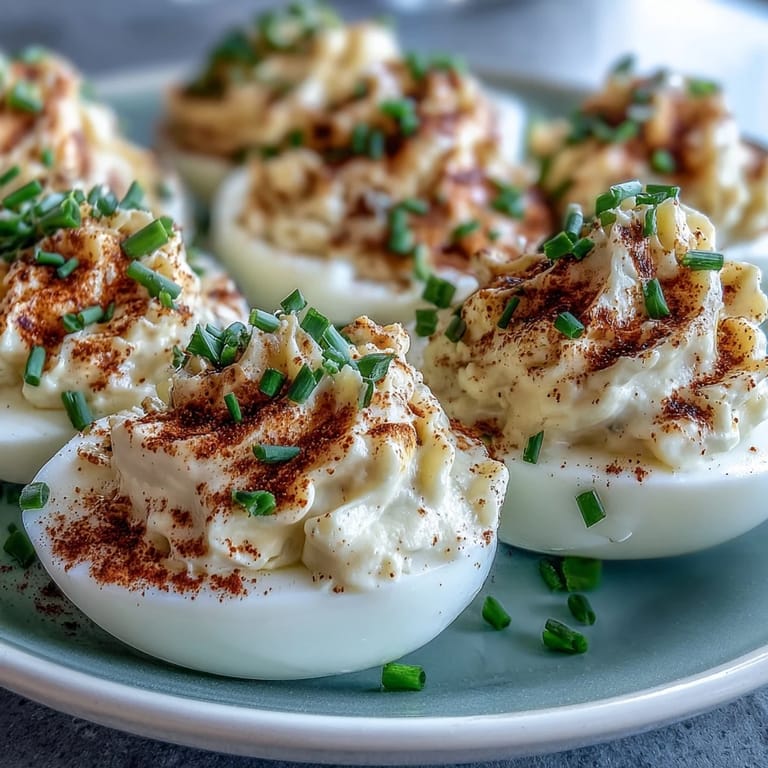 Classic deviled eggs with tangy mustard filling, garnished with paprika and chives for vibrant color and flavor.  