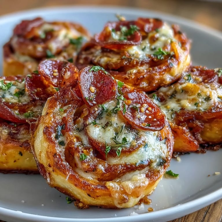 Baked golden pinwheels stuffed with pepperoni, marinara, and melted mozzarella. Serve warm for a crowd-pleasing bite.  