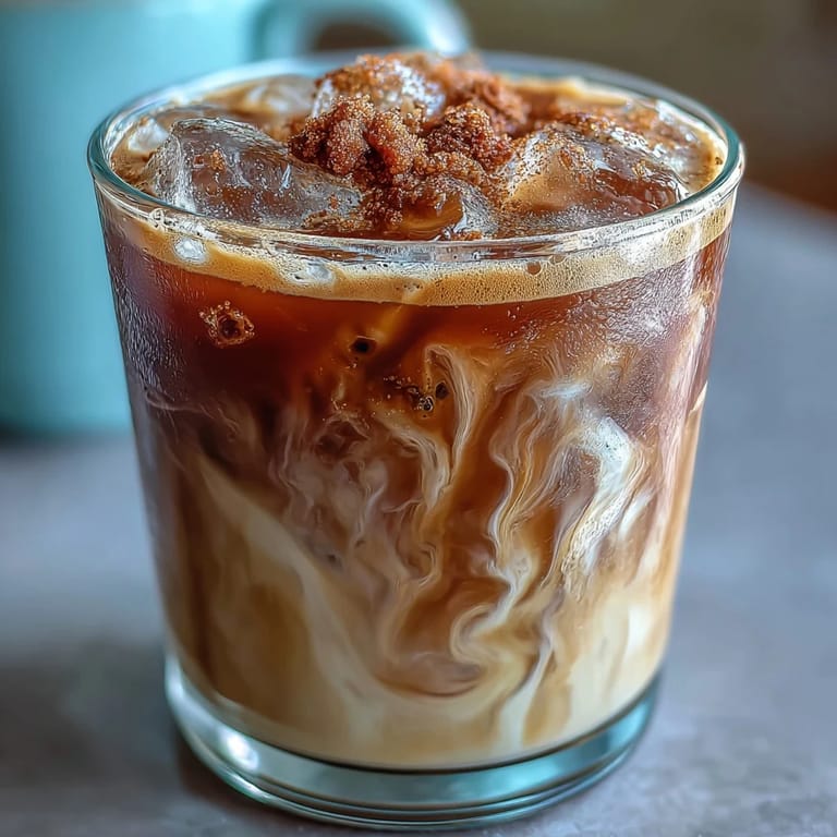 Creamy oat milk and rich espresso blend with sweet brown sugar syrup, topped with a light cinnamon dusting in a tall iced drink.