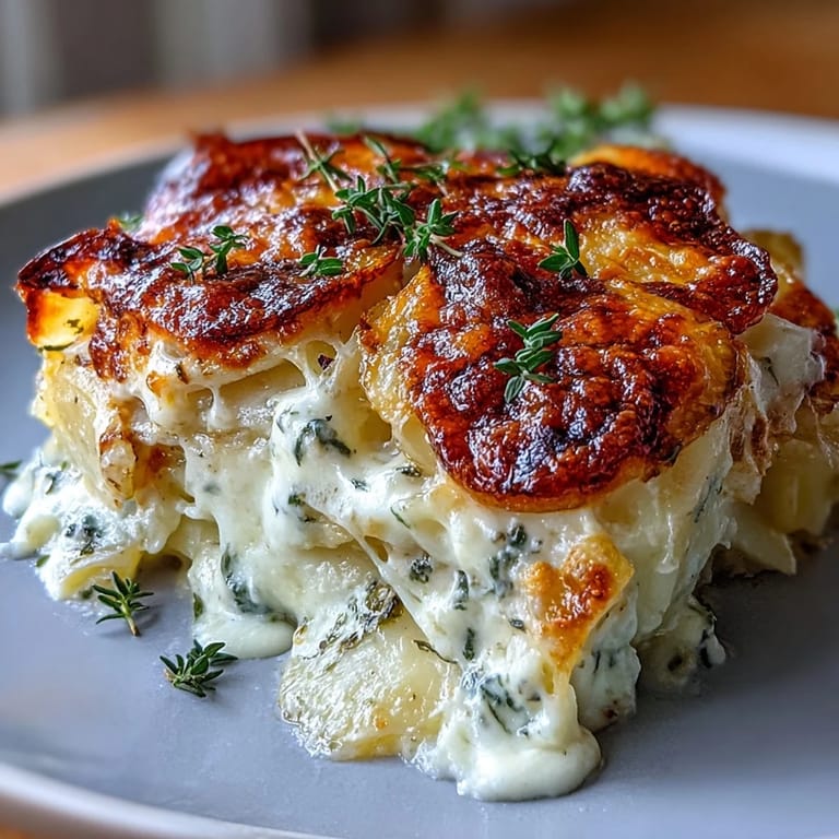 Layers of tender Yukon Gold potatoes in a rich garlic cream sauce, topped with melted Gruyere for a classic French side.