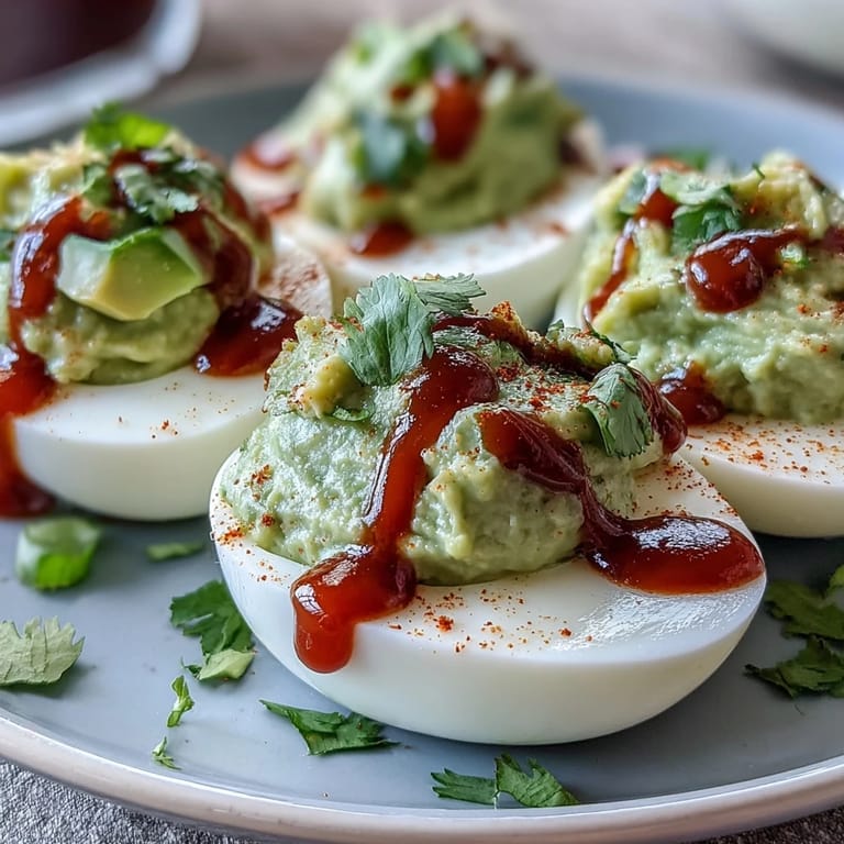 Vibrant deviled eggs filled with avocado and lime, topped with a zesty Sriracha kick for extra flavor.  