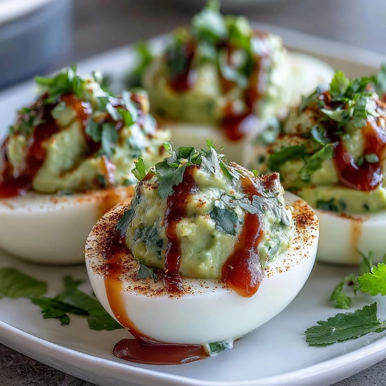 Fresh avocado and Dijon mustard combine in these colorful deviled eggs, finished with a bold Sriracha drizzle.