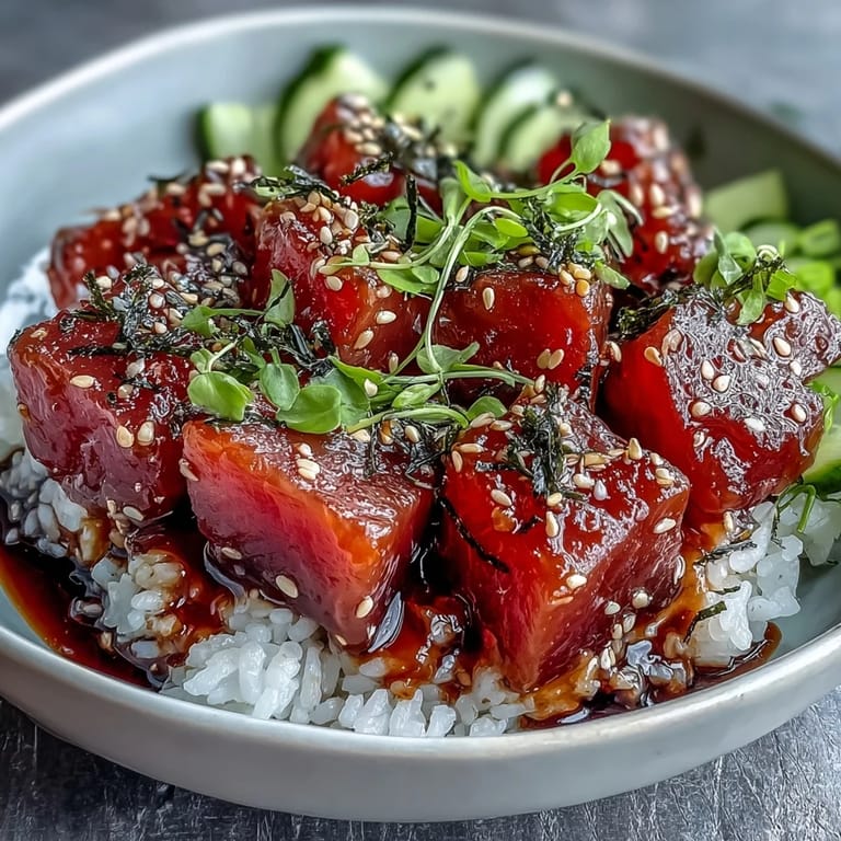 Refreshing Hawaiian-style tuna poke bowl with sesame-marinated fish, crunchy vegetables, and a bright citrus finish.