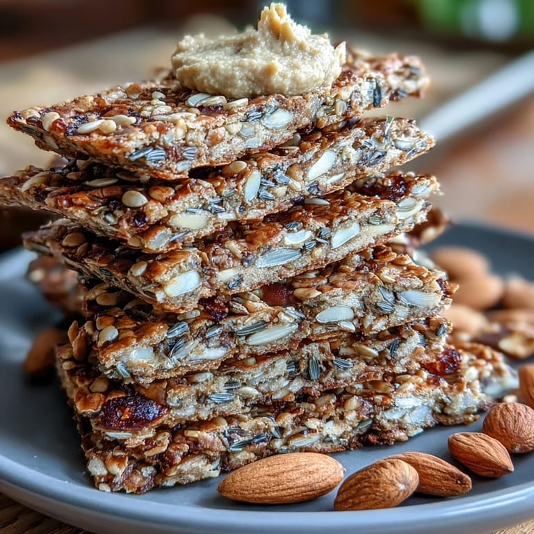A tray of crunchy seed crackers packed with oats and chia, perfect for pairing with hummus or cheese.