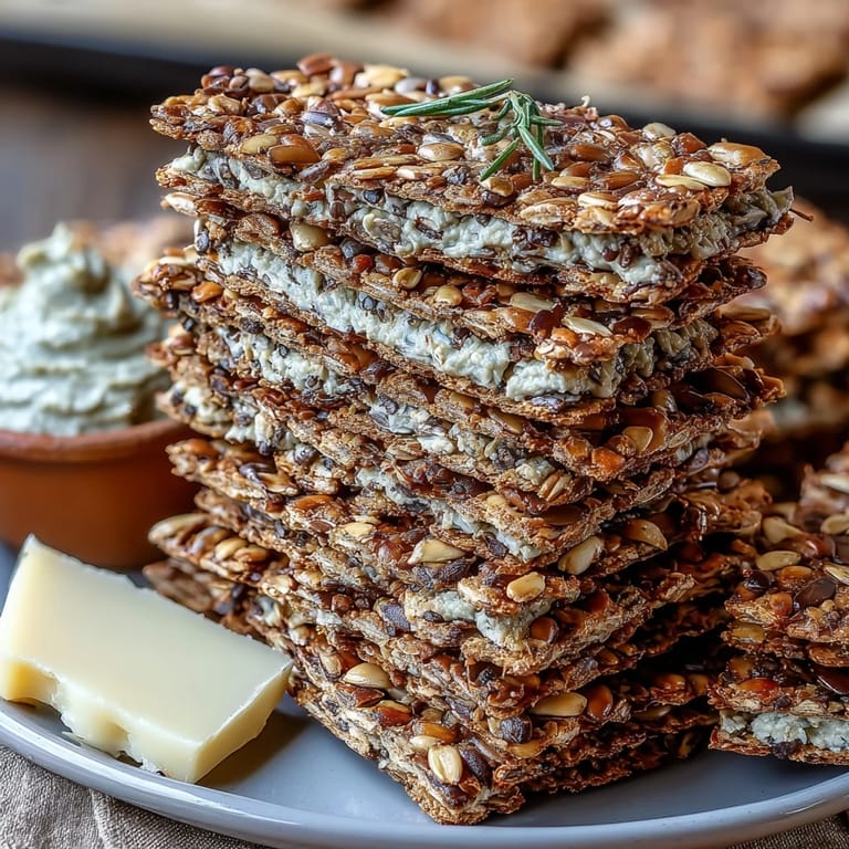 Golden-brown homemade seed crackers, scored and ready to break into wholesome bites for any appetizer platter.