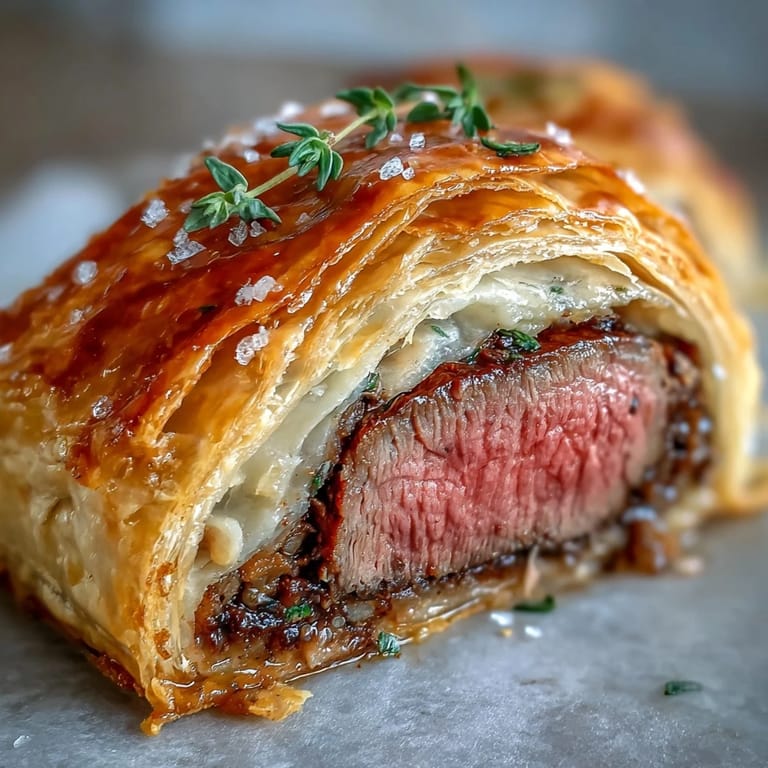 Savory prosciutto and earthy mushroom filling complement seared beef in golden, flaky puff pastry Beef Wellington parcels.