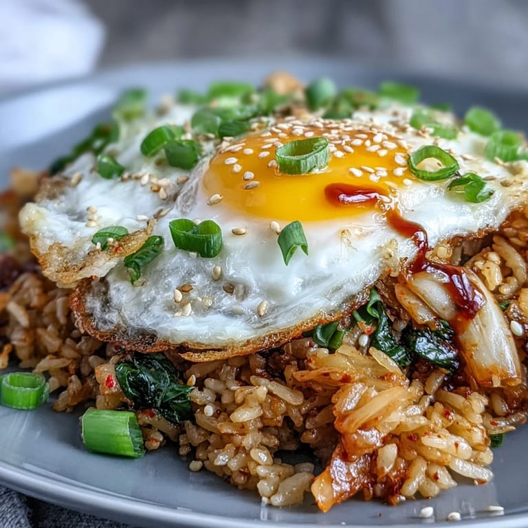 Korean-inspired fried rice with spicy kimchi, fresh cabbage, and a sunny-side-up egg for a satisfying meal.